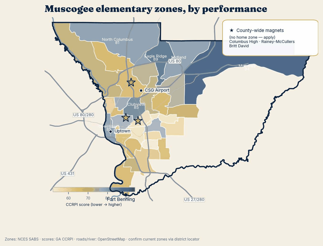 Muscogee County elementary school attendance zone map shaded by Georgia CCRPI performance score