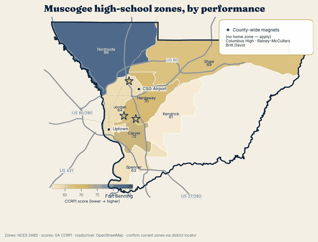 Muscogee County high school attendance zone map shaded by Georgia CCRPI performance score